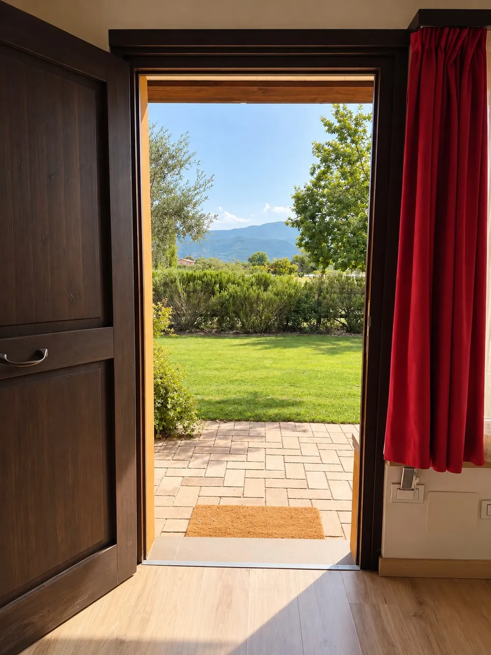 Porta-finestra aperta sul patio e il giardino della camera, con tenda rossa e vista sulle colline