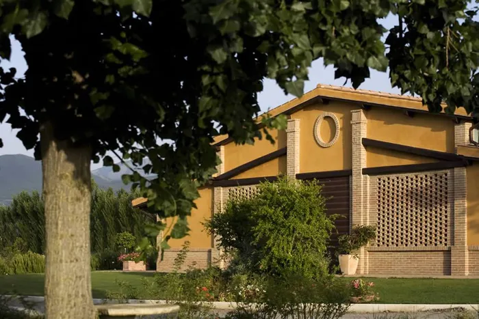 Ochre building with a tiled roof and pierced brickwork, seen from the lawn through branches